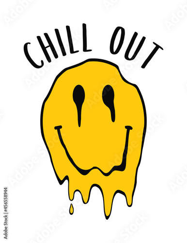 Emoji smile that melts and dripping with slogan for t-shirt design. Typography graphics with distorted emoji smile for tee shirt. Apparel print design. Vector.