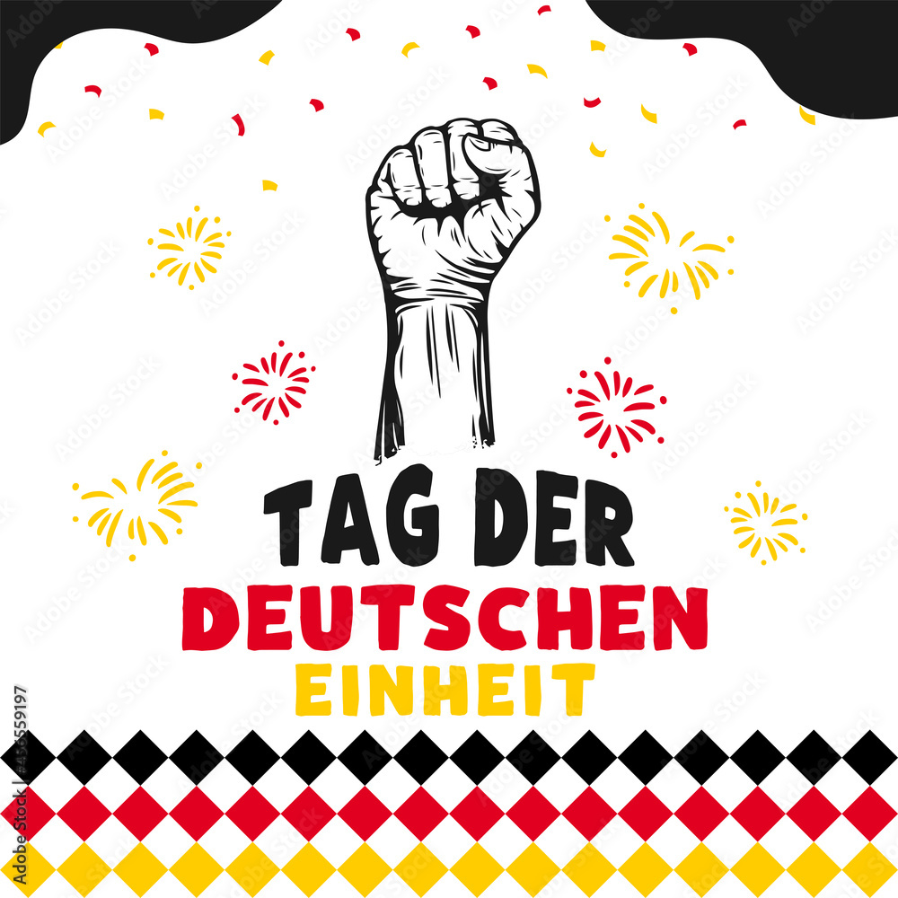 Square Banner illustration of German Unity Day celebration. Translation: Day of German unity. Waving flag and hands clenched. Vector illustration Square Banner illustration of German Unity Day celebration. Translation: Day of German unity. Waving flag and hands clenched. Vector illustration