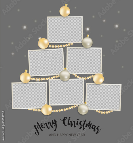 Christmas Photo frames Mockup.  Empty template with shiny balls and beads. vertical composition on gray background. Vector 3d realistic. Holiday collage. EPS10.