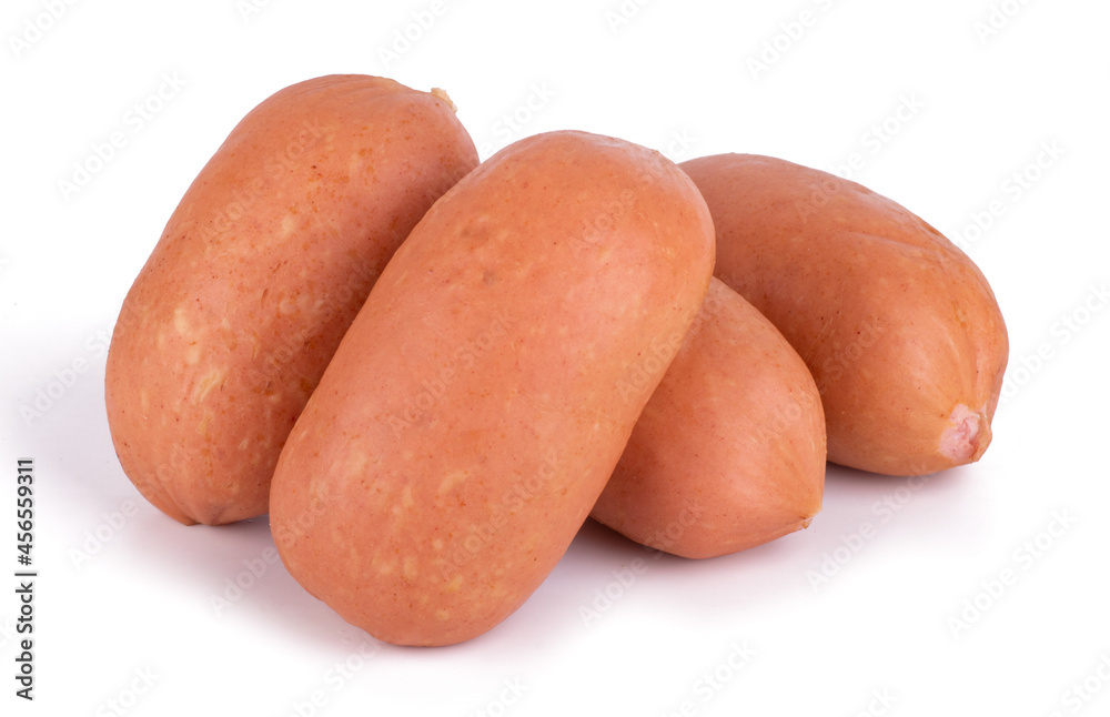 Group of raw sausages isolated on white background close up