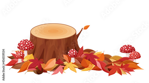切り株の周りに積もった紅葉した落ち葉のイラスト_きのこ