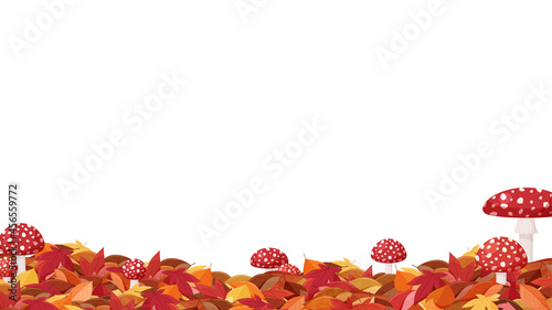 紅葉した落ち葉が積もったイラスト_きのこ_フレーム_16:9