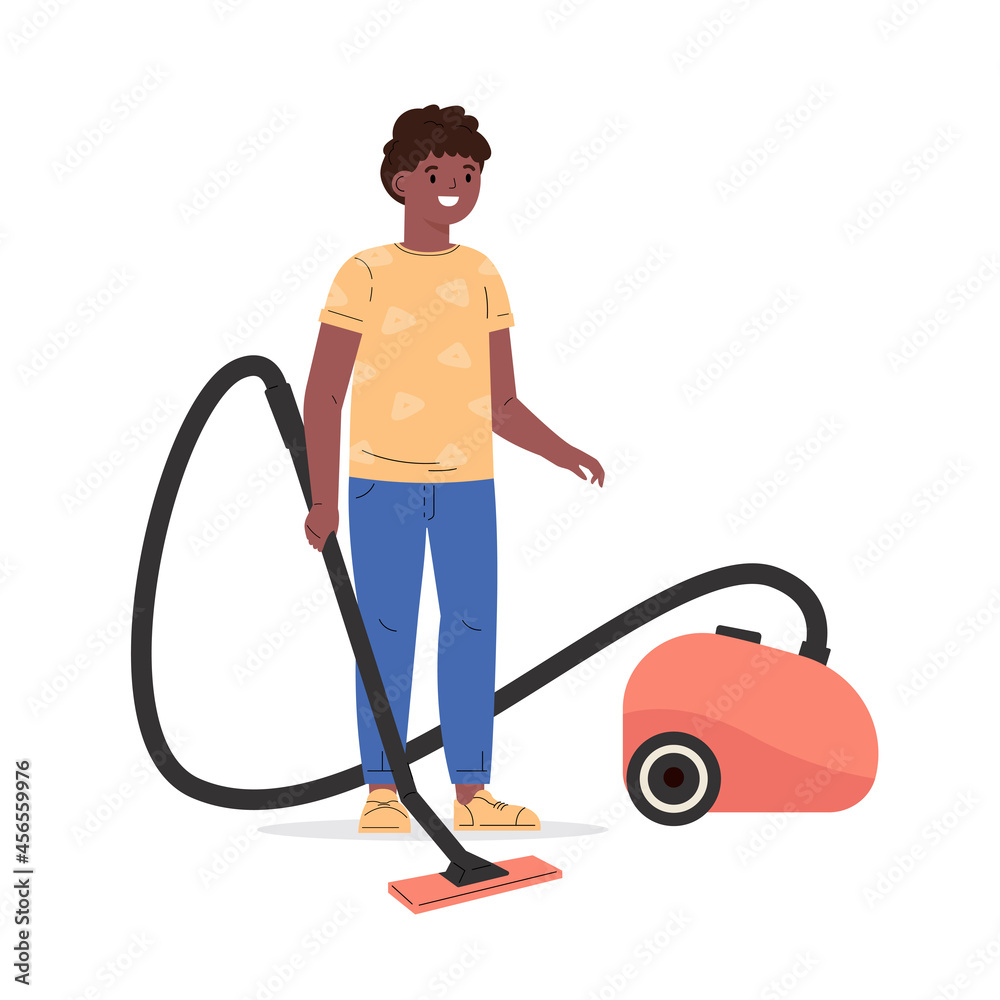 Cute boy holding electric vacuum cleaner pipe in his hands ready for