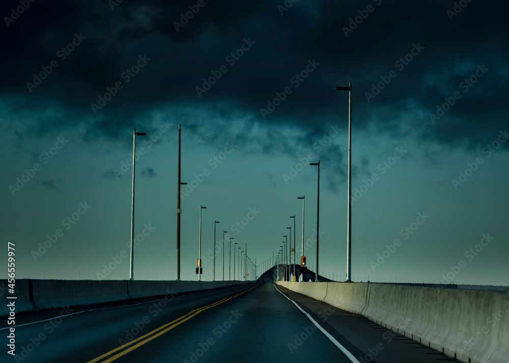 Driving across the Confederation Bridge linking Prince Edward Island and mainland New Brunswick.