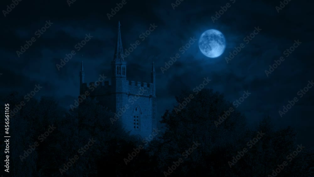 Church With Large Full Moon Above Church With Large Full Moon Above