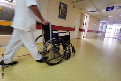 hospital corridor medern  wheelchair surgical bed photo