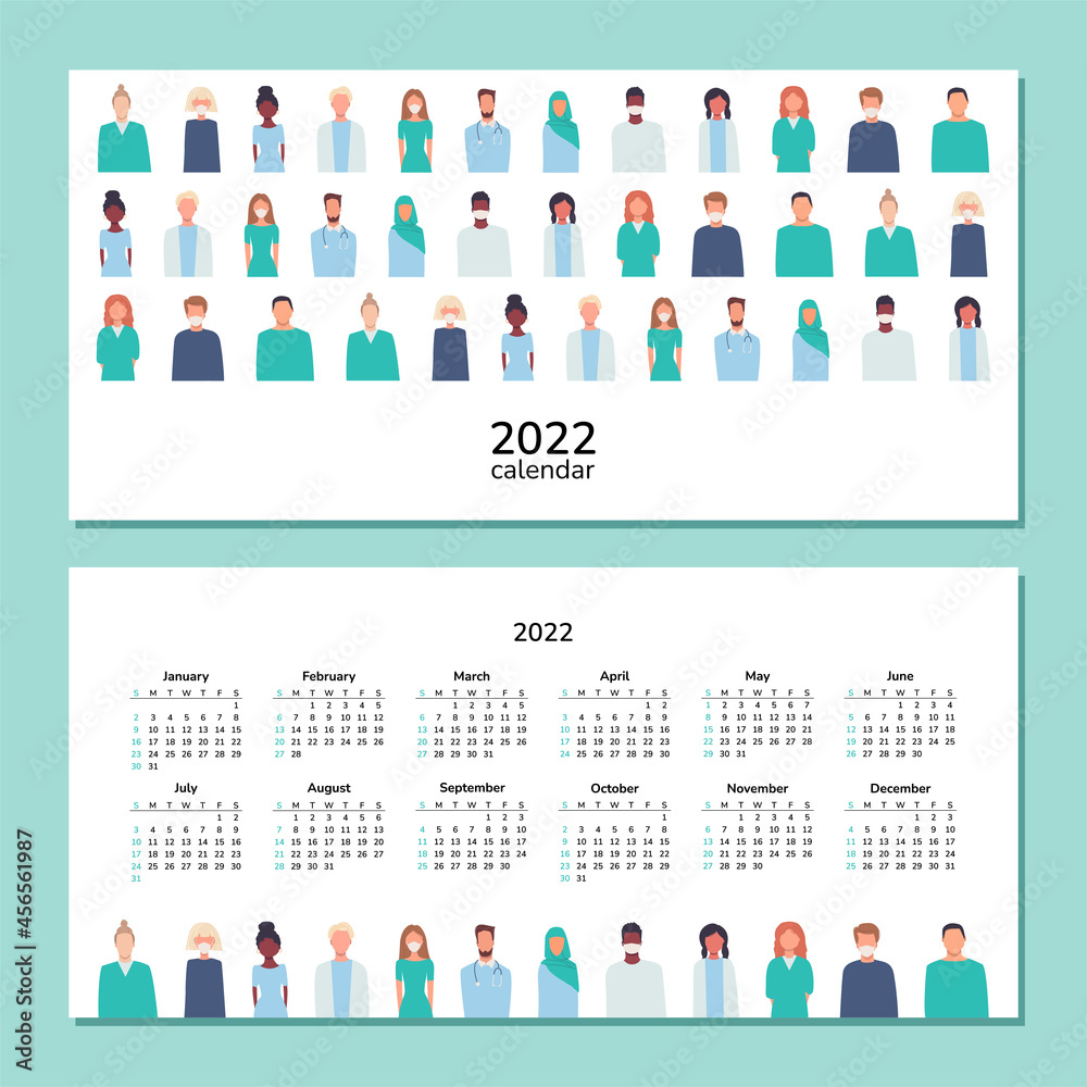 Horizontal calendar 2022. Doctors and nurses. Happy New Year. Wall, desk, table or pocket calendar with medical staff in masks. Set of isolated vector illustrations. Working in hospital. Coronavirus