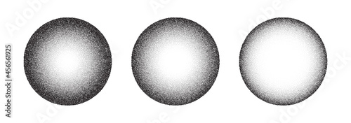 Dotwork 3D Spheres vector background. Sand grain effect. Black noise stipple dots. Abstract noise dotwork balls. Black dots grunge round elements. Stipple circles. Dotted vector spheres.