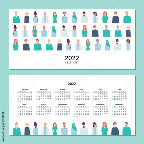 Horizontal calendar 2022. Doctors and nurses. Happy New Year. Wall, desk, table or pocket calendar with medical staff in masks. Set of isolated vector illustrations. Working in hospital. Coronavirus