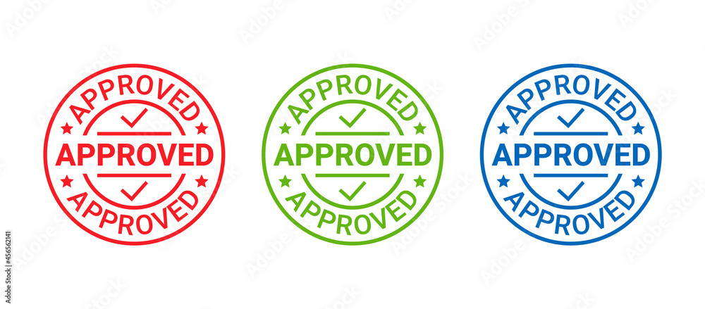 Approved stamp. Vector. Quality mark approve. Approval permit badge, label. Accepted round sticker. Confirm certificate. Seal imprint of permission. Circle shape emblem isolated on white background