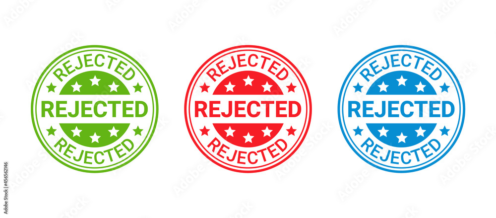 Rejected stamp. Denied permit badge, label. Round sticker reject. Red seal imprint. Negative decision mark. Circle shape emblem isolated on white background. Vector illustration. Rejected stamp. Denied permit badge, label. Round sticker reject. Red seal imprint. Negative decision mark. Circle shape emblem isolated on white background. Vector illustration.