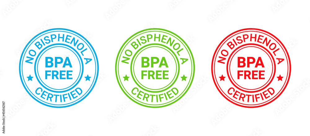 BPA free badge. No bisphenol round stamp, icon. Non toxic plastic label. Bisphenol A and phthalates free emblem for eco packaging. Vector illustration. Seal mark isolated on white background.
