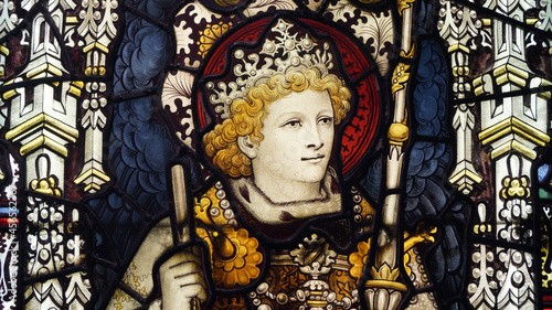 stained glass window with a king portrait, Edinburgh castle, Scotland   