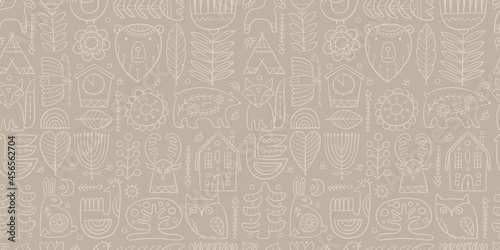 Nordic Ornament. Forest Animals, Folk Background. Seamless pattern for your d...