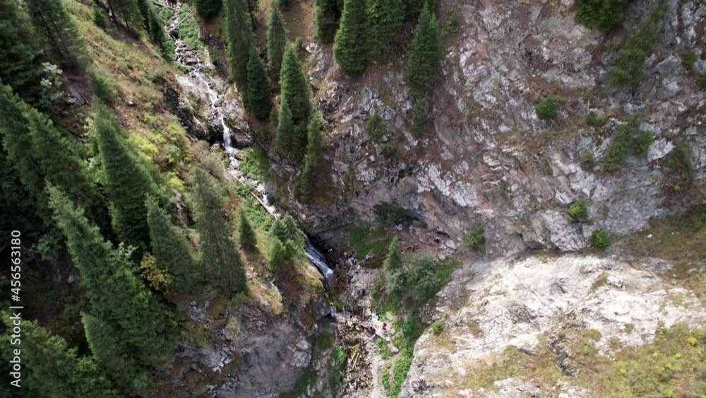Coniferous green trees in the gorge with the river. The view from the drone. Steep cliffs covered with fir trees and green grasses. Small cascades of the river. Mountain trail. Ayusai Gorge, Almaty Coniferous green trees in the gorge with the river. The view from the drone. Steep cliffs covered with fir trees and green grasses. Small cascades of the river. Mountain trail. Ayusai Gorge, Almaty