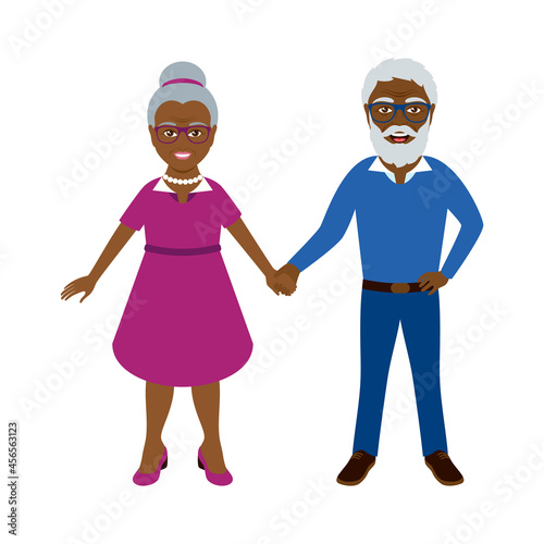 Happy african american elderly senior couple holding hands icon vector. Cheerful stylish black ethnicity old man and woman vector. Beautiful african senior couple in love cartoon character