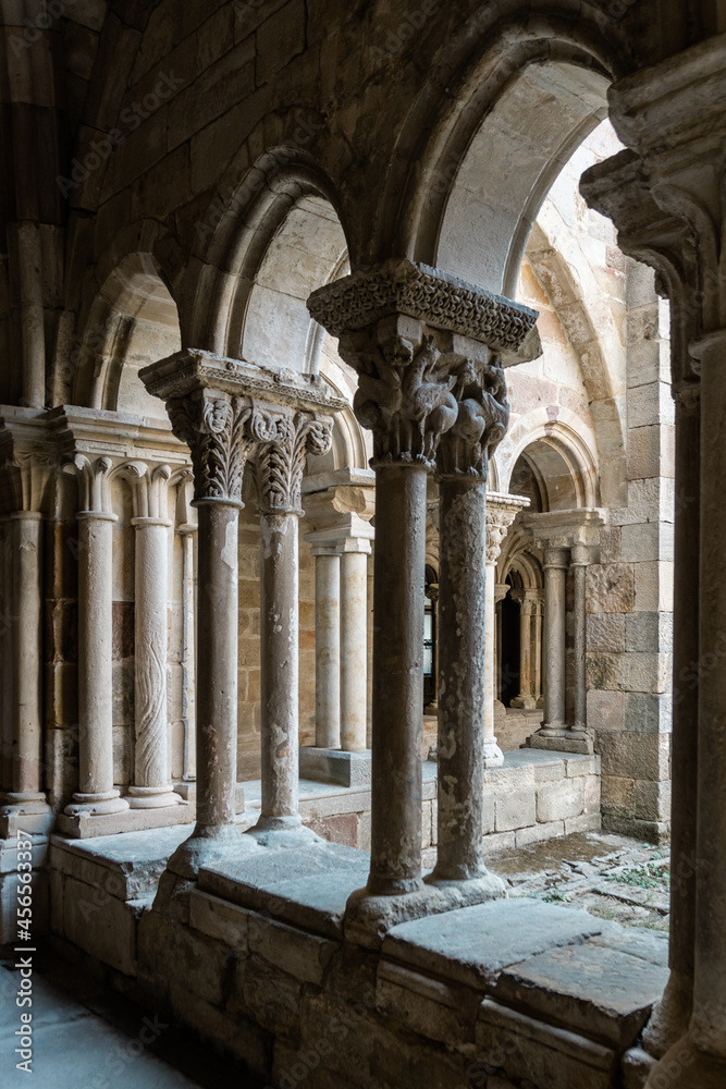 Palencia, Spain - August 21, 2021. Cloister of the Santa Maria la Real monastery, Aguilar de Campoo, Palencia, Spain