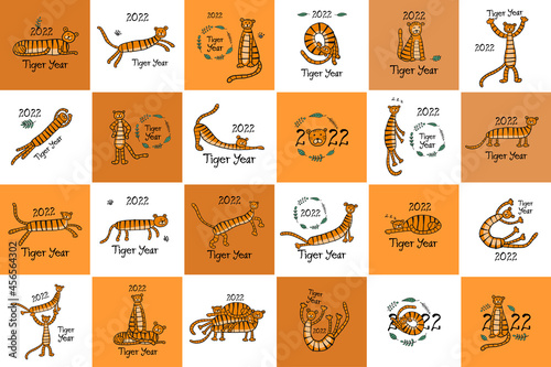Cards collection with Tigers Family, animal characters. Symbol of 2022 New Year. Design Template for Christmas card, banner, poster, holiday decoration
