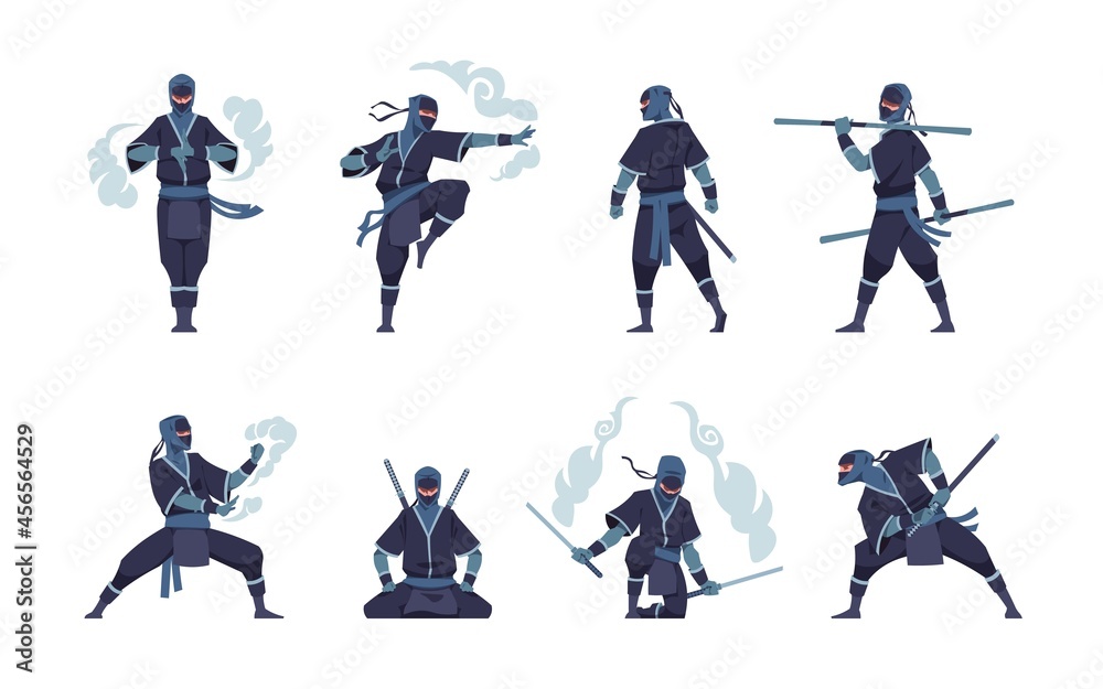 Ninja Character with Set of Japanese Ninja Weapons Stock Vector