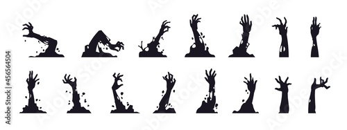 Zombie hand silhouettes. Black creepy monster arms from graves for Halloween posters. Cartoon cadavers rotting limbs set. Undead apocalypse elements. Vector October holiday decoration