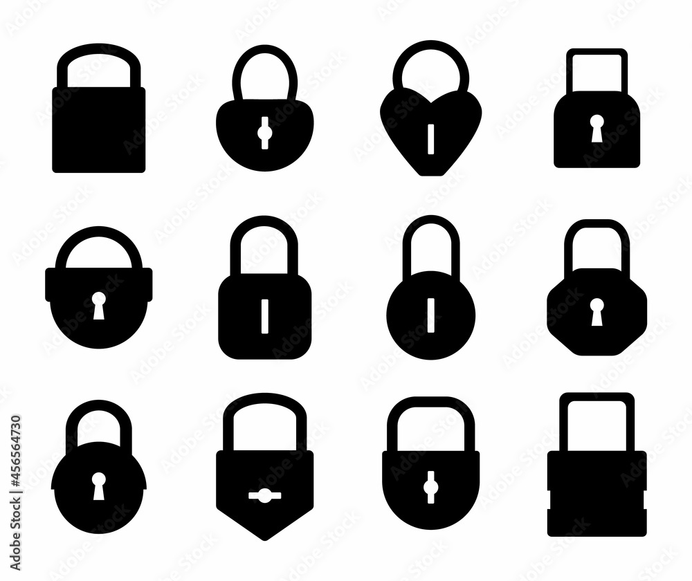 Lock silhouette. Black padlock shapes for logo. Modern and vintage graphic template. Protective interlock mechanisms with keyhole. Vector user blocking and data encryption symbols set Lock silhouette. Black padlock shapes for logo. Modern and vintage graphic template. Protective interlock mechanisms with keyhole. Vector user blocking and data encryption symbols set