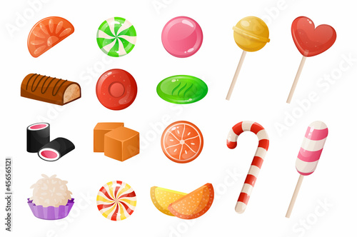 Cartoon candies. Sweet caramel desserts. Lollipop and gummy jelly. Toffee and chocolate sweets of round or square shapes. Isolated hard and chewy bonbons. Vector confectioneries set
