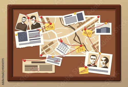 Investigation board. Crime research. Blackboard with photos for information collection or work organization. Police and detective search plan. Finding evidences. Vector illustration
