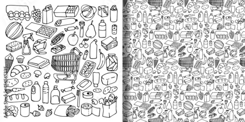 Supermarket hand drawn objects set and seamless pattern