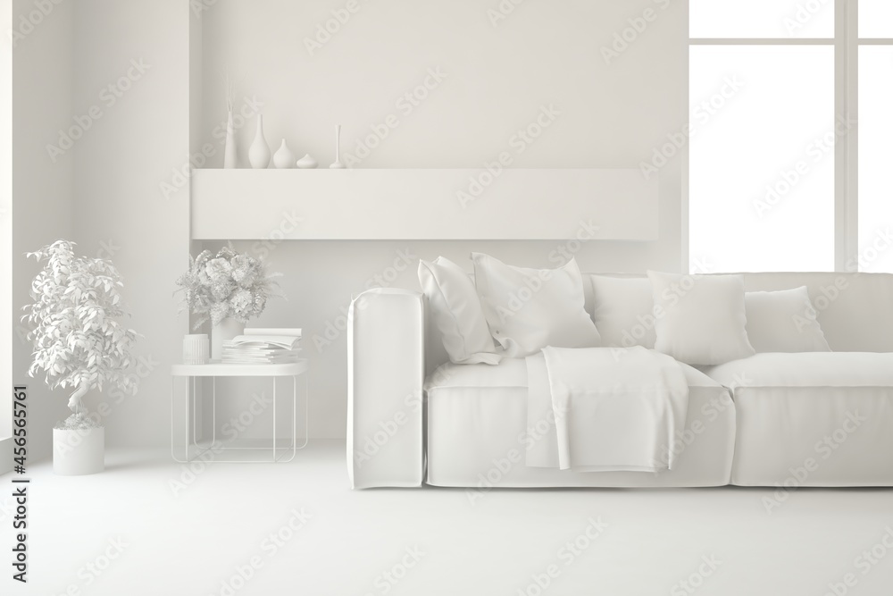Mock up of minimalist living room in white color with sofa. Scandinavian interior design. 3D illustration Mock up of minimalist living room in white color with sofa. Scandinavian interior design. 3D illustration