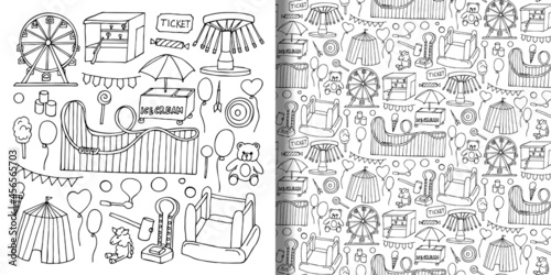 Attraction doodle objects set and seamless pattern © kronalux