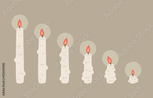 Cartoon burning wax candles. Paraffin candle burning stages hand drawn doodle vector illustration