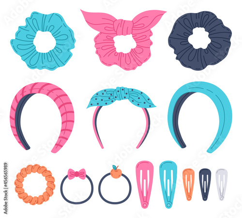 Doodle girls hair accessories. Cartoon woman hair tie, headbands, elastic bands, hair hoops and scrunchies. Hair accessory vector illustration symbols set