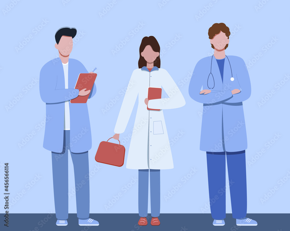 A set of doctors without a face. Two male doctors and a nurse are standing on a blue background. Vector illustration A set of doctors without a face. Two male doctors and a nurse are standing on a blue background. Vector illustration
