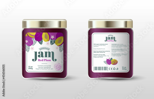 Red plum jam. Label for jar and packaging. Whole and cut fruits, leaves and flowers, text, stamp(sugar free).