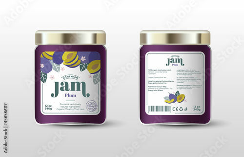 Plum jam. Label for jar and packaging. Whole and cut fruits, leaves and flowers, text, stamp(sugar free).