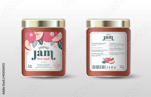 Red apple jam. Label for jar and packaging. Whole and cut fruits, leaves and flowers, text, stamp(sugar free).