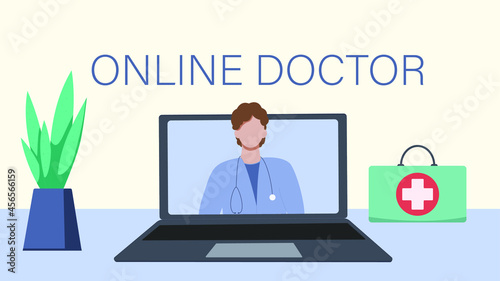 Online doctor's consultation. The new norm in the epidemic of the coronavirus. Call from a doctor, help at a distance. No face, flat style. Vector illustration