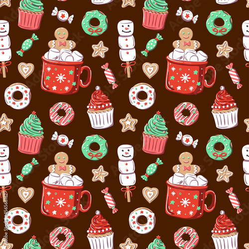 Christmas seamless pattern with sweet and tasty elements. Dark background with red cup, marshmallow, cupcake, donut, candy, gingerbread. 