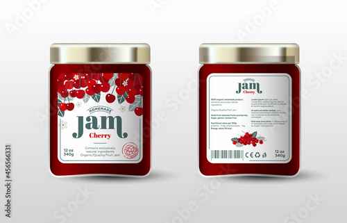 Cherry jam. Label for jar and packaging. Berries, leaves and flowers, text, stamp(sugar free).