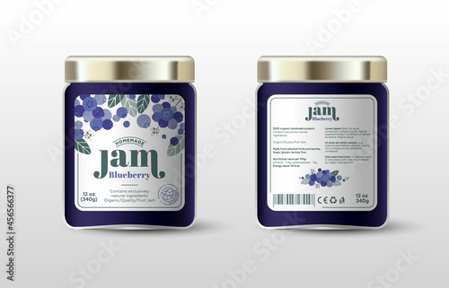 Blueberry jam. Label for jar and packaging. Berries, leaves and flowers, text, stamp(sugar free).