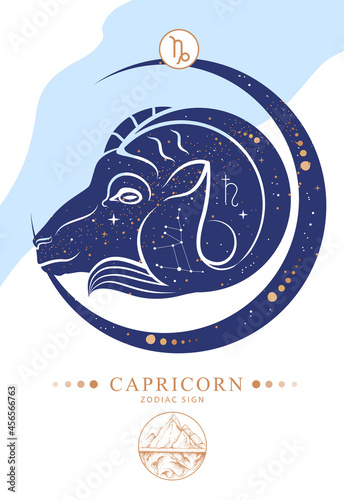Modern magic witchcraft card with astrology Capricorn zodiac sign. Zodiac characteristic