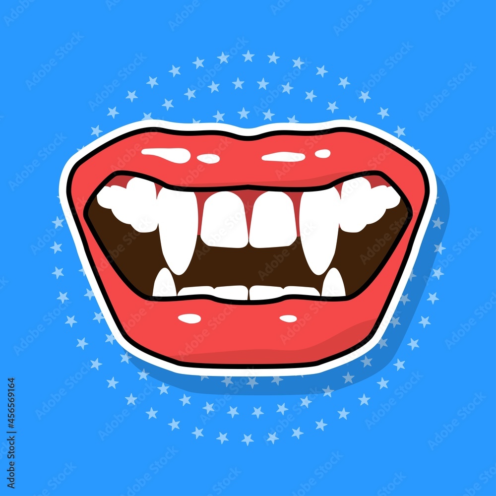 Vampire fangs sticker with shadow, vector illustration. Vampire fangs sticker with shadow, vector illustration.