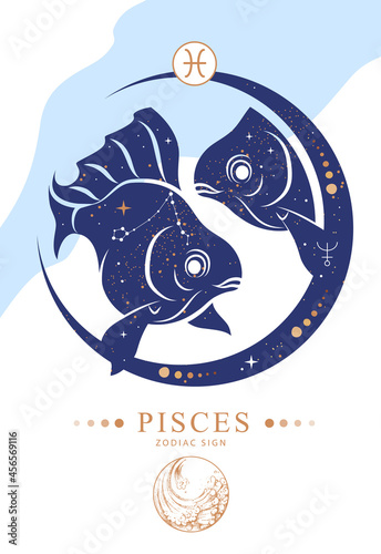 Modern magic witchcraft card with astrology Pisces zodiac sign. Zodiac characteristic