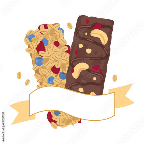 Muesli bars with chocolate and cereals. Decorative flag logo with place for text in beige colors. Healthy dessert icon, vector isolate on white