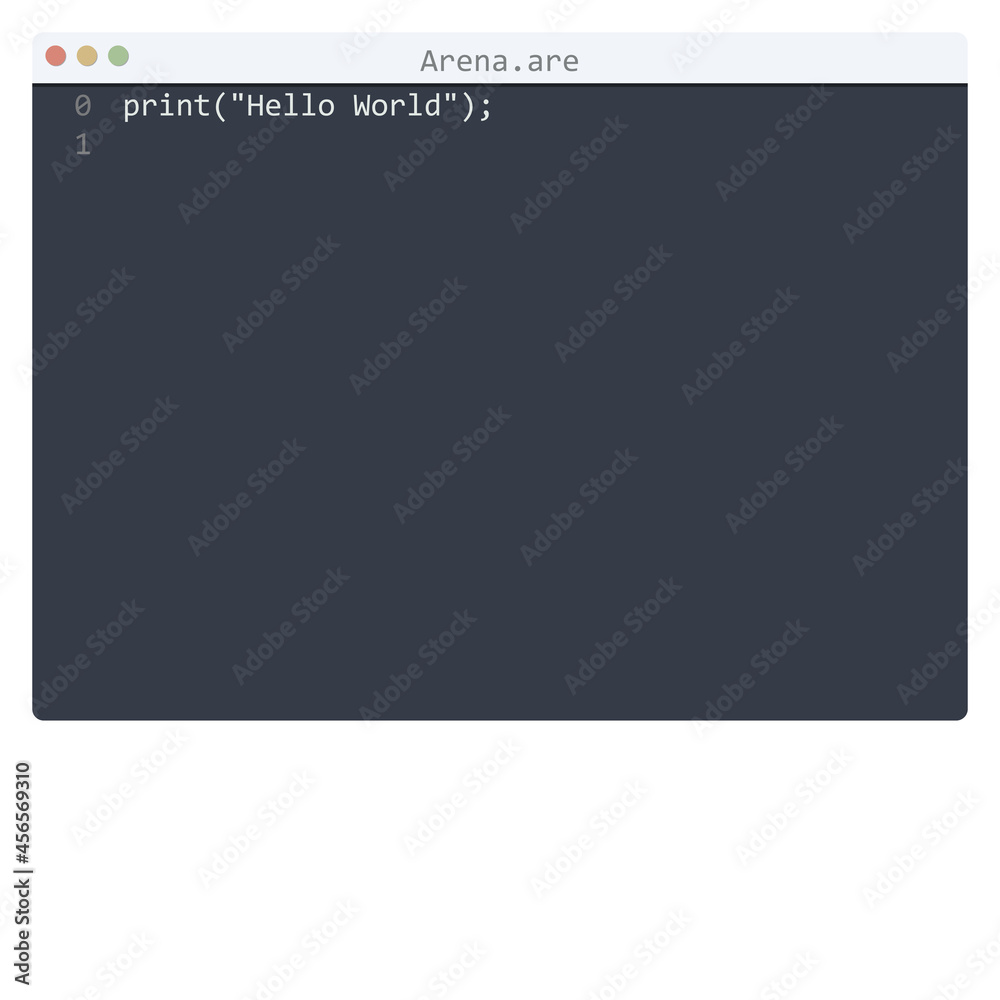 Arena language Hello World program sample in editor window Arena language Hello World program sample in editor window