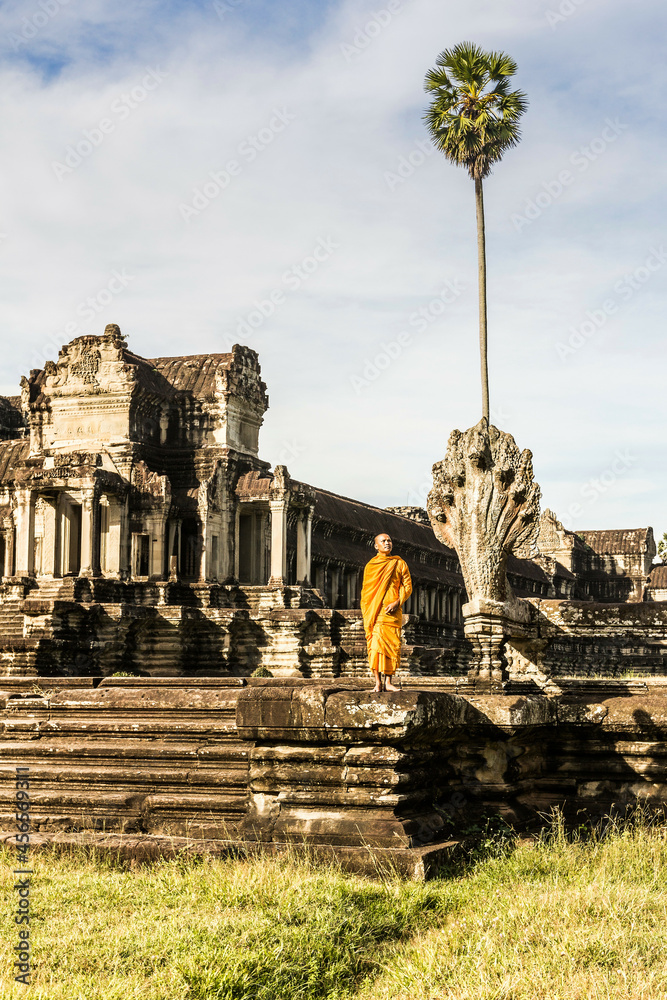 Fototapeta premium Young Buddhist monk standing outside temple in Angkor Wat, Siem Reap, Cambodia
