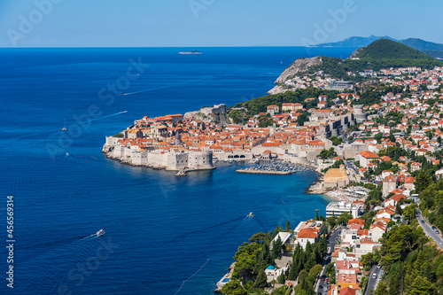 Aerial view of the old town Dubrovnik, blue sea and mountains, Croatia