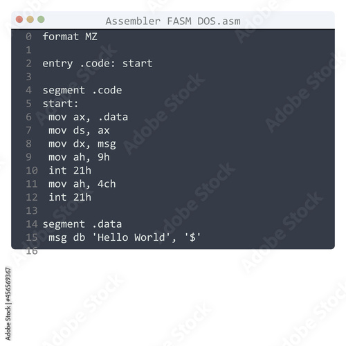 Fotografie, Obraz Assembler FASM DOS language Hello World program sample in editor window