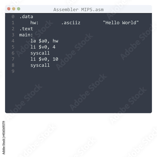 Assembler MIPS language Hello World program sample in editor window photo