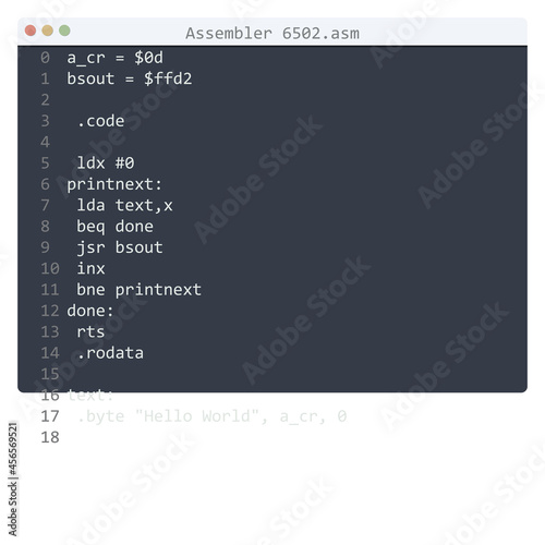 Assembler 6502 language Hello World program sample in editor window